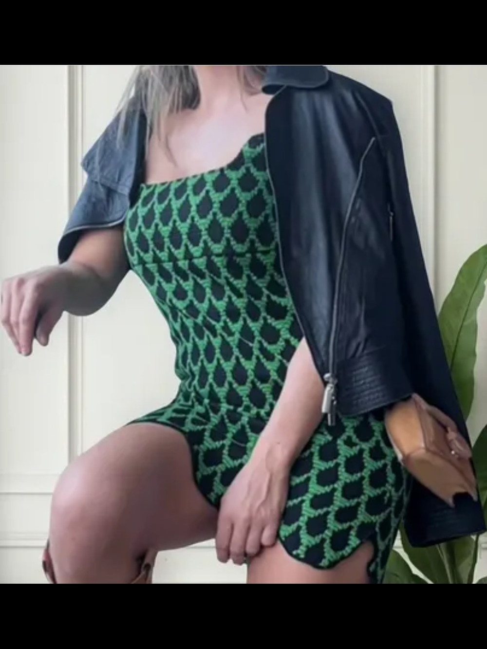 Zara Black Mini Dress with Green Pattern
